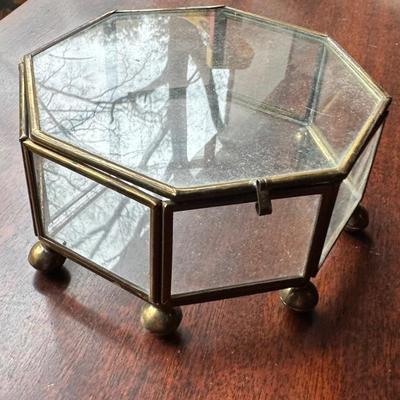 Vintage Eight Sided Glass and Brass Petite Curio Box

