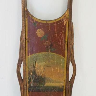 1142	ANTIQUE WOOD PAINT DECORATED CHILDS SLED W/METAL RUNNERS STAMPED CLARENCE L HANAH SCRANTON PA, APPROXIMATELY 48 IN X 15 IN X 5 IN HIGH
