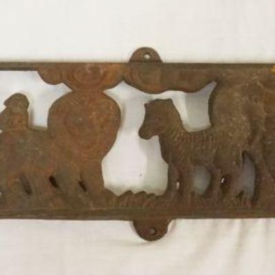 1050	ANTIQUE CAST IRON PLAQUE W/IMAGES OF LION, ZEBRA, MONKEY, ELEPHANT & GIRAFFE, APPROXIMATELY 7 IN X 30 IN
