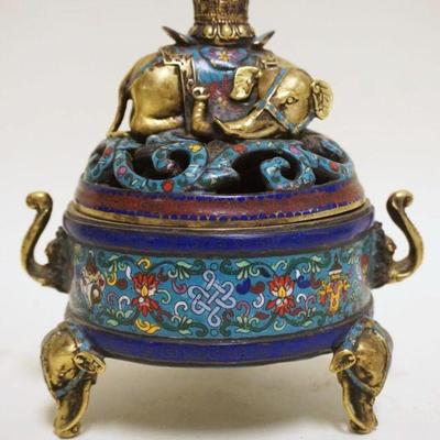 1063	HEAVY BRASS & CLOISONNE INCENSE BURNER W/CHARACTER MARKS ON BACK, APPROXIMATELY 8 1/2 IN HIGH
