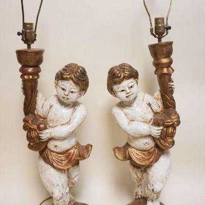 1076	PAIR OF WOOD CARVED FIGURAL ASIAN TABLE LAMPS, APPROXIMATELY 37 IN HIGH
