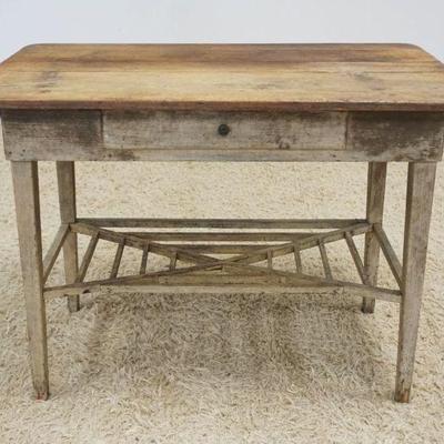 1136	ANTIQUE COUNTRY PINE ONE DRAWER WORK TABLE W/UNUSUAL LATICE WORK STRETCHER AT BASE, APPROXIMATELY 40 IN X 24 IN X 29 IN HIGH

