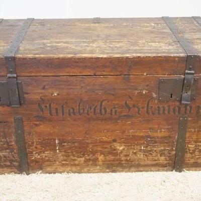 1144	ANTIQUE PINE IMMIGRATE STORAGE CHEST W/METAL STRAP EDGES, HANDLES & DOUBLE LOCKS, NO KEY, APPROXIMATELY 39 IN X 20 IN X 22 IN HIGH
