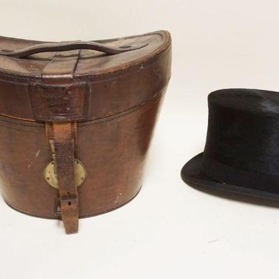 1159	ANTIQUE TOP HAT IN LEATHER HAT BOX, E.A. BURNS
