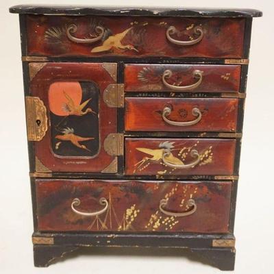 1074	ASIAN LACQUERED JEWELRY CHEST, 5 DRAWER W/ONE DOOR CONCEALING 2 DRAWERS, HAS LOCK & KEY, APPROXIMATELY 5 IN X 10 N X 12 IN HIGH
