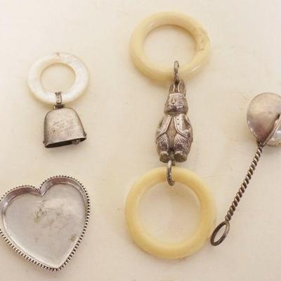 1235	STERLING SILVER CHILDS RATTLES AND HEART SHAPED DISH
