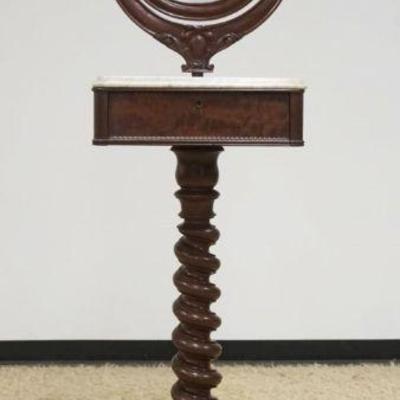 1102	ORNATE VICTORIAN GENTLMENS WALNUT SHAVING STAND, MARBLE TOP W/BARLEY TWIST COLUMN & CARVED SCROLLED LEGS, MIRROR SWIVELS & FALL...