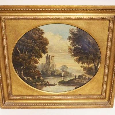 1167	ANTIQUE OIL PAINTING ON BOARD, CASTLE ALONG WATERWAY WITH BOATS, APPROXIMATELY 20 IN X 24 IN OVERALL
