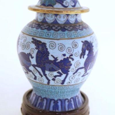 1060	CLOISONNE MINIATURE COVERED URN ON STAND, APPROXIMATELY 7 1/2 IN HIGH
