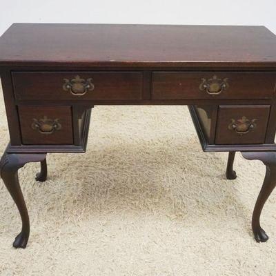 1121	SOLID MAHOGANY 3 DRAWER WRITING TABLE W/SHELL CARVED QUEEN ANNE LEGS, APPROXIMATELY 18 IN X 40 IN X 30 IN HIGH
