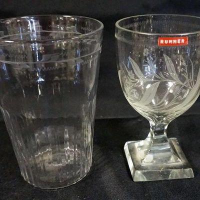 1182	ANTIQUE BLOWN GLASS TUMBLER AND FROSTED GLASS, TALLEST APPROXIMATELY 6 1/2 IN H
