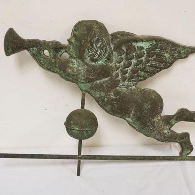 1034	VINTAGE COPPER WEATHER VANE, WINGED CHERUB BLOWING HORN, APPROXIMATELY 30 IN X 21 IN HIGH
