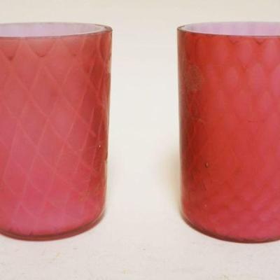 1096	2 VICTORIAN PINK CASED GLASS TUMBLERS, DIAMOND QUILTED, APPROXIMATELY 3 3/4 IN HIGH
