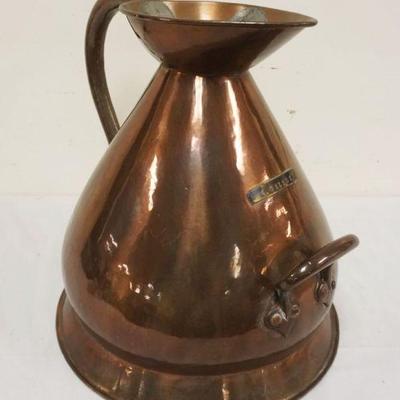 1099	LARGE ANTIQUE COPPER ALE/WINE JUG, 4 GALLONS, DOVETAILED SEAMS, APPROXIMATELY 18 IN HIGH
