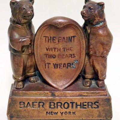 1199	ANTIQUE COUNTER TOP STORE PAINTING ADVERTISING COPPER WRAPPED STATUE BEARS, BAER BROSTHERS *THE PAINT WITH THE TWO BEARS WEARS*,...