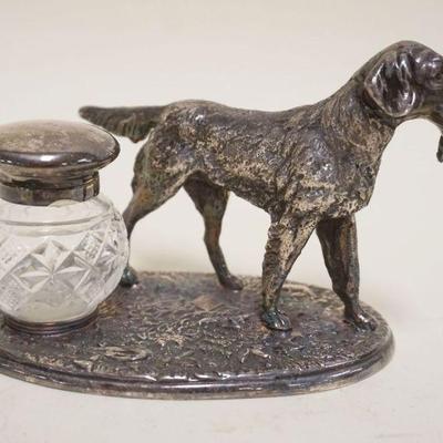 1081	SILVERPLATE HUNTING DOG INKWELL W/GLASS RESERVOIR. APPROXIMATELY 5 IN X 3 IN X 4 IN HIGH
