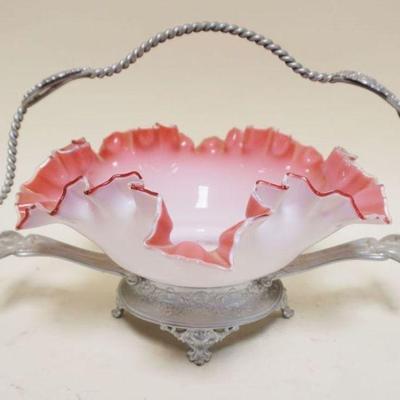 1085	VICTORIAN PINK CASED GLASS BRIDES BASKET IN ORNATE HOLDER, APPROXIMATELY 14 IN X 11 IN X 9 1/2 IN HGH OVERALL
