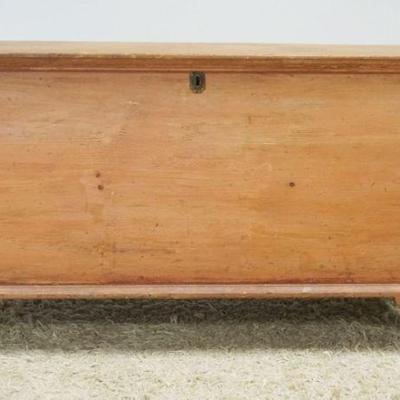 1145	ANTIQUE PINE DOVETAILED BLANKET CHEST W/RED WASH ON HIGH BRACKET FEET W/GLOVE BOX, APPROXIMATELY 50 IN X 23 IN X 27 IN HIGH
