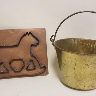 1185	LARGE COPPER ROCKING HORSE COOKIE CUTTER AND ANTIQUE BRASS JELLY BCKET DATED 1866, COOKIE CUTTER APPROXIMATELY 10 IN X 14 IN OVERALL
