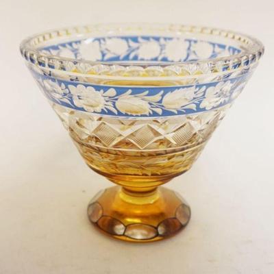 1084	VICTORIAN BLUE & AMBER CUT TO CLEAR FOOTED TAPERED BOWL W/GROUND & POLISHED BASE & TOP, APPROXIMATELY 6 IN X 5 IN HIGH
