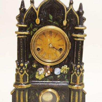 1048	VICTORIAN CAST IRON FACE SHELF CLOCK, PAINT DECORATED W/MOTHER OF PEARL, APPROXIMATELY 4 IN X 10 IN X 17 IN HIGH
