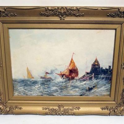 1248	ANTIQUE FRAMED PRINT ENHANCED WITH OIL PAINT OF SHIPS IN STORM, APPROXIMATELY 21 IN X 26 IN
