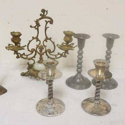 1273	LOT OF ASSORTED BRASS, PEWTER AND SILVER PLATE CANDLESTICKS, TALLEST APPROXIMATELY 9 IN H
