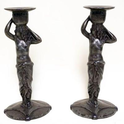 1198	ORNATE CAST METAL NUDE CANDLESTICKS, *GRECIAN STATUETTE CANDLESTICK* DECORATEIVE ARTS LEAGUE, APPROXIMATELY 10 1/12 IN H
