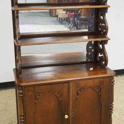 1101	VICTORIAN ROSEWOOD & WALNUT CABINET, 2 PART, MIRROR BACK, TOP W/FRETWORK CUT OUT SIDES & GALLERY, APPROXIMATELY 34 IN X 16 IN X 64...