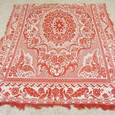 1157	ANTIQUE RED & WHITE COVERLET, E. HAUS TREXLERTOWN 1874, APPROXIMATELY 6 FT X 6 1/2 FT
