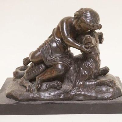 1051	ANTIQUE VICTORIAN BRONZE FIGURE OF BOY W/HIS DOG MOUNTED ON SLATE BASE, APPROXIMATELY 5 IN X 9 IN X 7 IN HIGH
