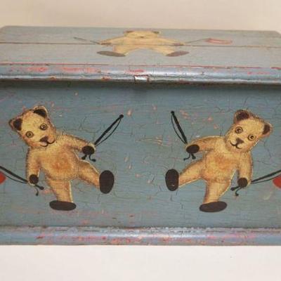 1152	PRIMITIVE CHILD DOVETAILED CHEST PAINT DECORATED W/TEDDY BEARS, APPROXIMATELY 22 IN X 12 IN X 12 IN HIGH
