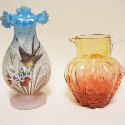 1088	VICTORIAN GLASS AMBERINA HAND BLOWN PICTURE PITCHER & HAND PAINTED MILK GLASS VASE, LARGEST APPROXIMATELY 11 IN HIGH
