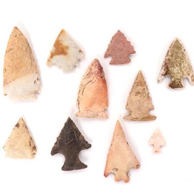 Ten Native American Arrowheads