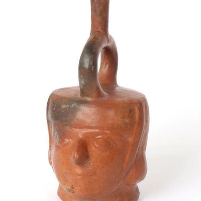 Moche Pottery Head Stirrup Vessel, 200 - 400 AD