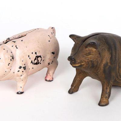 Two Vintage Cast Iron Pig Coin Banks