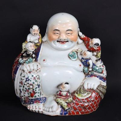Old Chinese Porcelain Laughing Buddha w/ Children, Early