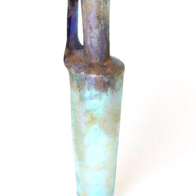 Ancient Iridescent Roman Glass Bottle w/handle