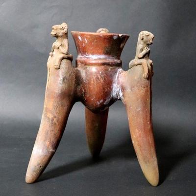 Tall Pre-Columbian Tripod Rattler Vessel