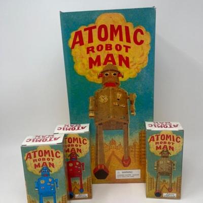 (4) Vintage Schylling Tin Wind Up Atomic Robot Man Robots