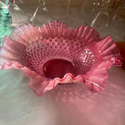 Vintage Fenton cranberry pink crimped opalescent 