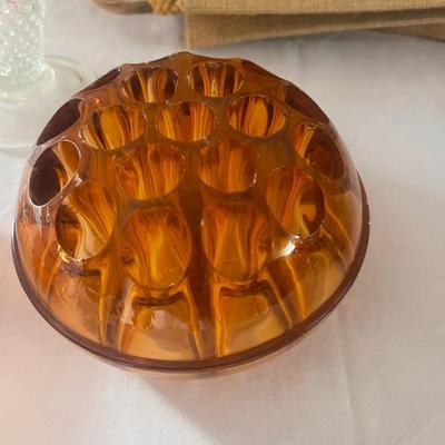 Vintage peach glass floral frog 
