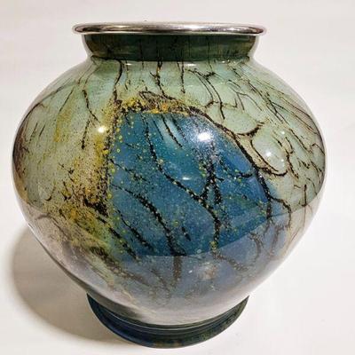 Art glass vase with white metal top