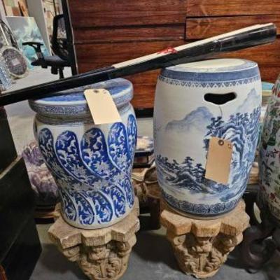#6402 â€¢ 2 Garden Stools with Pedestals and Large Fan
