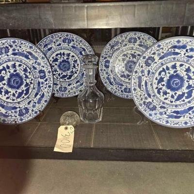 #3100 â€¢ (4) Decorative Plates, Crystal Decanter with Stopper, and Glass Candle Holder
