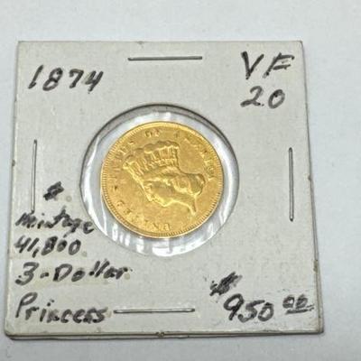 #512 â€¢ 1874 $3 Indian Princess Gold Coin
