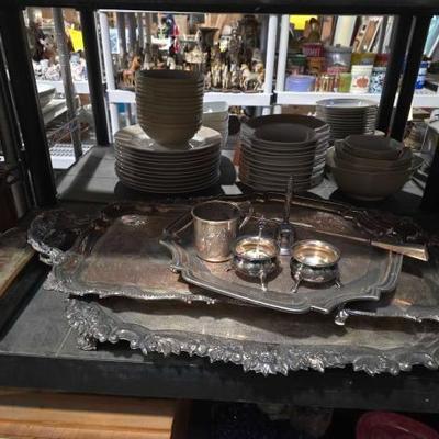 #3082 â€¢ (3) Silver Plated Serving Trays, Tea Set, and Jewlery Trinkets Box
