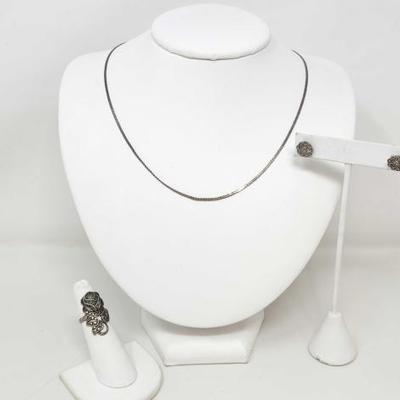 #474 â€¢ .925 Silver Necklace, Earrings and Ring, 9g
