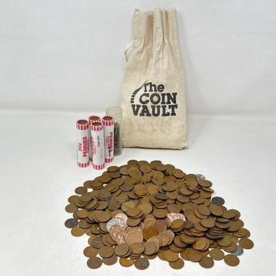#816 â€¢ Coin Bag of Lincoln Wheat Pennies & Rolls of Pennies
