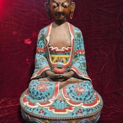 #6516 â€¢ Copper and Enamel Buddha Statue with Base
